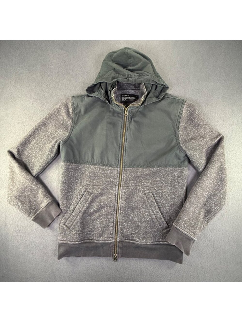 VTG J.Crew outerwear Fleece Hide a Hood Dual Zip Jacket Men’s Sz Small Grey EUC